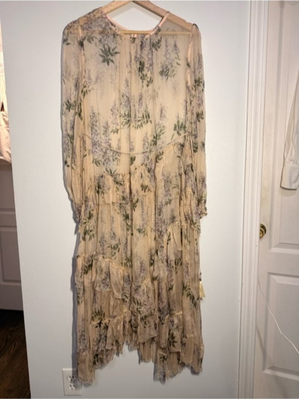 100% Silk Ethereal Floral Ruffled Sheer Dress size L - Picture 3 of 7